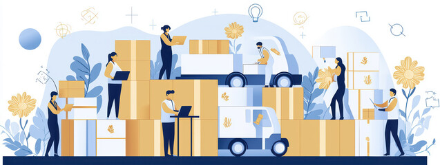 A vibrant illustration of workers handling packages and logistics with vehicles, showcasing teamwork and efficiency in delivery.