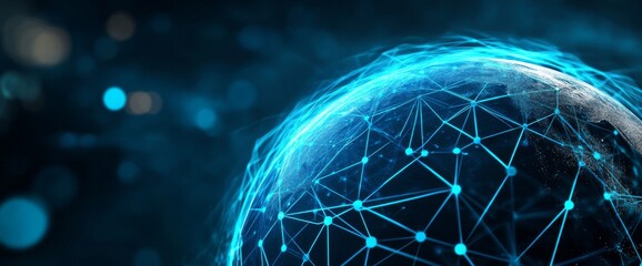 Abstract digital planet Earth with blue glowing lines on dark background