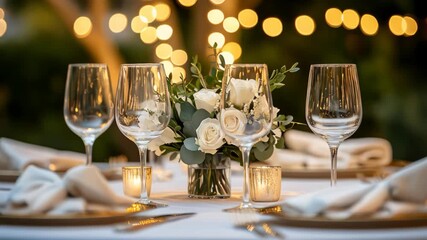 Elegant wedding table setting with wine glasses and floral centerpiece illuminated by warm garlands in an outdoor evening setting - Powered by Adobe