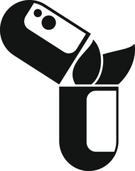 Simple black icon of an open pill capsule with medicine coming out of it