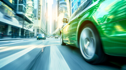 Fototapeta premium A green car is speeding down a city street. The car is surrounded by tall buildings and other cars. The scene is fast-paced and exciting, with the car's movement creating a sense of motion and energy