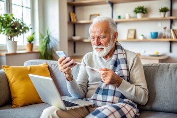 Fototapeta premium Elderly man sits on sofa, holding thermometer, checking body temperature, sneezing, and looking unwell, while using smartphone for online consultation during video call.