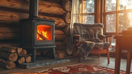 Room with a pellet and wood stove for heating. Concept Pellet Stove, Wood Stove, Room Heating, Cozy Environment. Generative ai