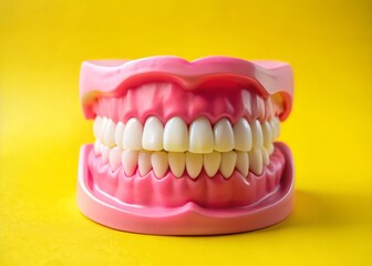 Obraz premium Isolated dental model with vibrant pink gums on a bright yellow background, showcasing a detailed cast of teeth with precise ridges and contours.