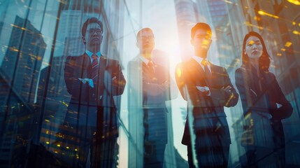 Four professionals exude confidence, silhouetted against a backdrop of gleaming skyscrapers at sunset, reflecting the city’s vibrant energy
