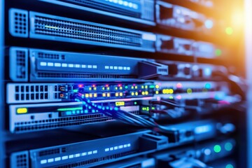 Close-up of a modern server rack with illuminated network cables and devices showcasing technology and data management.
