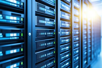 Close-up view of modern data servers in a server room, showcasing advanced technology and organized storage.