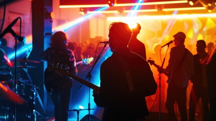 Silhouettes of a Band Performing on Stage at a Concert