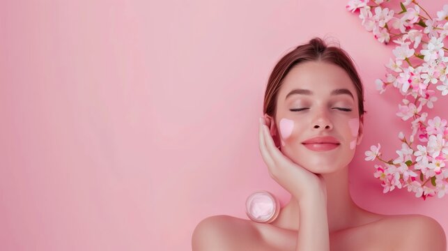 Beautiful Woman Enjoying Skincare Routine with Cream and Blossoms on Pink Background
