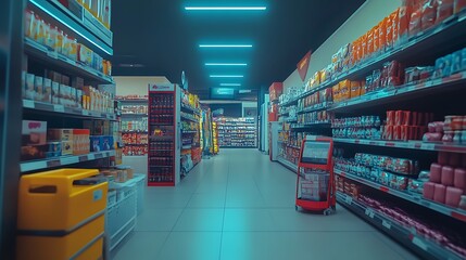 Futuristic marketplace with AI-enhanced shopping and augmented reality product displays