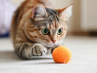 A cat gently tapping a toy with its claws retracted, demonstrating calm and relaxed behavior.