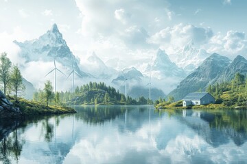 Various renewable energy sources such as wind turbines, solar panels, and hydroelectric dams, highlighting the global transition to clean energy. Generative AI