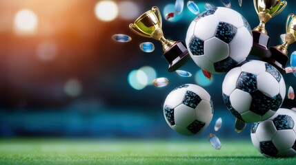 Fototapeta premium Dynamic scene of soccer balls and trophies capturing the thrill of victory in the world of sports.