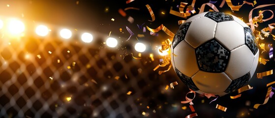 Dynamic soccer ball captured in motion, surrounded by vibrant confetti, highlighting the excitement of the game.