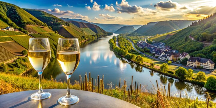 Luxurious wine tasting experience in Luxembourg's picturesque Moselle river valley, featuring traditional cremant sparkling wine production methods in a serene and elegant setting.