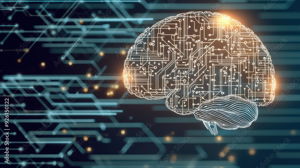 Poster futuristic brain illustration with circuit patterns and glowing lights, representing artificial inte