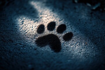 Artistic representation of a cat's paw print on dark pavement during twilight