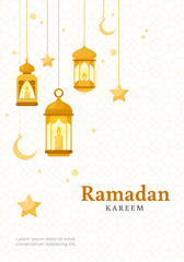 Illustration of Ramadan Kareem with hanging golden lanterns, stars, and crescent moon on a white patterned background. Concept of Ramadan celebration. Vector illustration