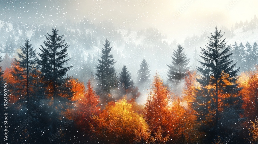 Poster vibrant autumn colors emerge through a gentle snowfall, enveloping the forest in a mystical atmosphe