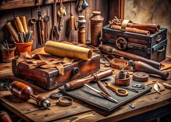 Vintage wooden workbench cluttered with rolled leather sheets, holes punches, awls, and mallets, surrounded by scattered threads and scraps, evoking a sense of traditional craftsmanship.