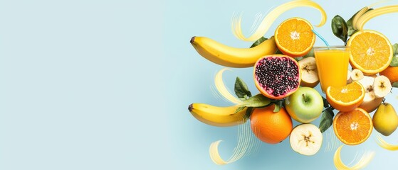 Vibrant assortment of fresh fruits including bananas, oranges, and papayas, perfect for healthy lifestyle promotion and culinary art.