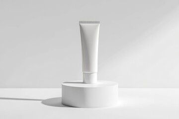 White tube mockup on pedestal on white isolated background. Concept of beauty products, face and body skin care. Image for your design with generative ai