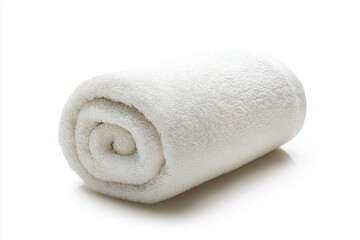 A soft white towel neatly rolled, isolated on a white background, showcasing its plush and fluffy texture, perfect for bathroom or spa use, selected focus

