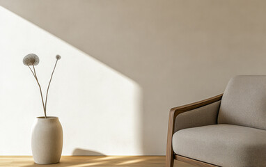 Japandi interior design composition with minimal furniture in beige colors. Residential Real Estate image for ads, commercials and advertising.
