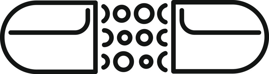 Black outline icon of an open capsule releasing medicine in the form of balls
