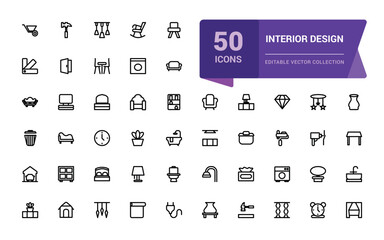 Set of interior design outline icons. Pixel perfect, minimalistic web and UI icon. outline icon collections. Editable vector illustration.