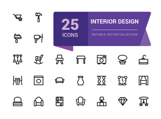 Set of interior design outline icons. Pixel perfect, minimalistic web and UI icon. outline icon collections. Editable vector illustration.