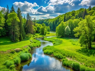Fototapeta premium Serene forest landscape featuring a lush green meadow surrounded by tall trees and a meandering stream at Forks of the Credit Provincial Park.