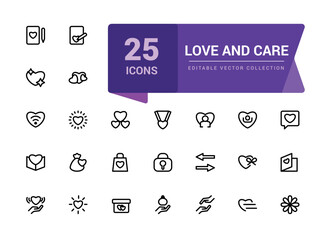 Love and care icon set. Friendship and love line icons. Pixel perfect, minimalistic web and UI icon. Outline icon collections. Editable vector illustration.