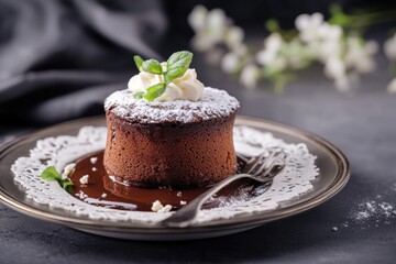 A velvety chocolate souffl&eacute; elegantly placed on a vintage plate with lace details, presenting a nostalgic and refined chocolate dessert. 
