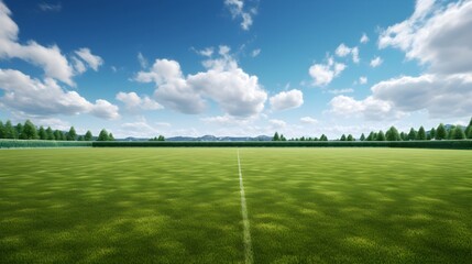 Lush Green Soccer Field Under Scenic Blue Sky with Fluffy Clouds