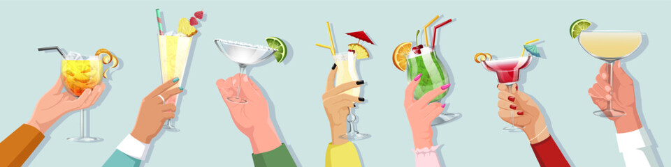 Image of multiple hands holding different cocktails with colorful garnishes against a light blue background. Concept of socializing, celebration, and variety of drinks. Vector illustration