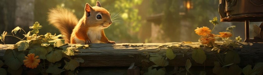 Obraz premium An illustration of a curious squirrel investigating a bird feeder