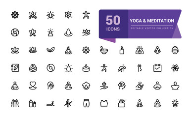 Yoga and meditation line icons. Body balance, person relax and energy meditation set. Pixel perfect, minimalistic web and UI icon. Outline icon collections.