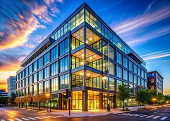 Fototapeta premium Modern office building with sleek glass and steel architecture on a vibrant street in Cambridge, Massachusetts, serving as a hub for innovative technology and development.