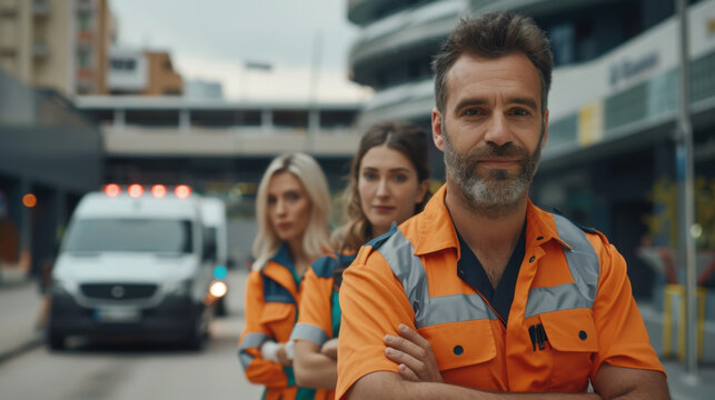 Group of confident emergency responders standing in a line with an ambulance in the background, showcasing teamwork and readiness.