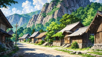 Majestic Tranquil Village: Rustic Charm at the Foot of a Mountain in Stunning Watercolor with Anime Style