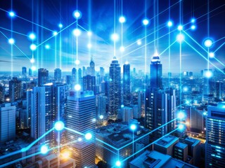 Obraz premium Vibrant blue futuristic pattern with glowing circuits and wires overlays a blurred cityscape, blending technology and urban landscape in a mesmerizing double exposure effect.