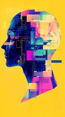 A digital profile of a person's head with a colorful, abstract brain inside.  The background is a vibrant yellow.