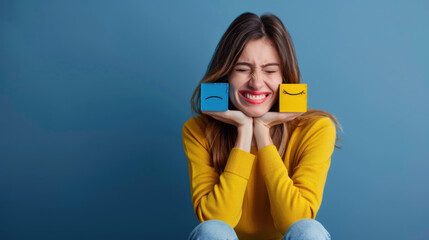 Young woman holding blue and yellow blocks with sad and happy faces, expressing mixed emotions and mood swings on a blue background.