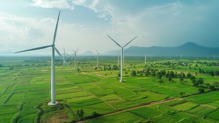 The vast expanse features towering wind turbines amidst vibrant green fields, with a breathtaking sky brightening the horizon during dusk