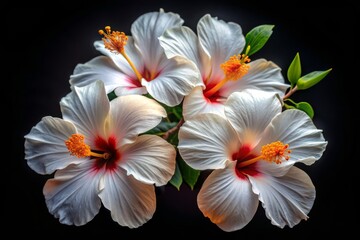 Fototapeta premium Vibrant closeup of four white orange hibiscus flowers blooming in isolation on a black background, showcasing delicate petals and golden centers, perfect for spring or summer designs.