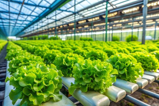 Fresh green oak lettuce leaves thrive in a vibrant organic hydroponic farm, surrounded by lush greenery, ready for a healthy salad creation in a sustainable environment.