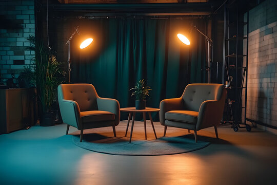 Cozy minimalist studio. Empty studio without people. Studio for podcasts or interviews. Stylish studio. Two comfortable armchairs with lighting and a coffee table