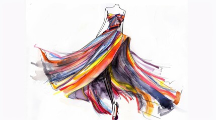 Watercolor Fashion Illustration of a Woman in a Colorful Gown