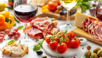 Still life with various types of Italian food and wine on white table